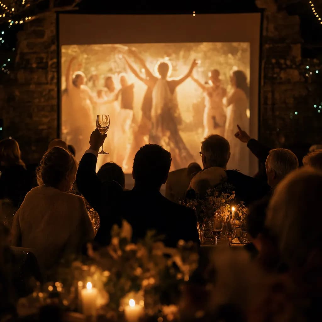 Gäste einer Abendfeier schauen als warme Silhouetten auf eine Leinwand, auf der ein goldenes Feier-Foto der Live-Diashow leuchtet. (KI-generiertes Bild)