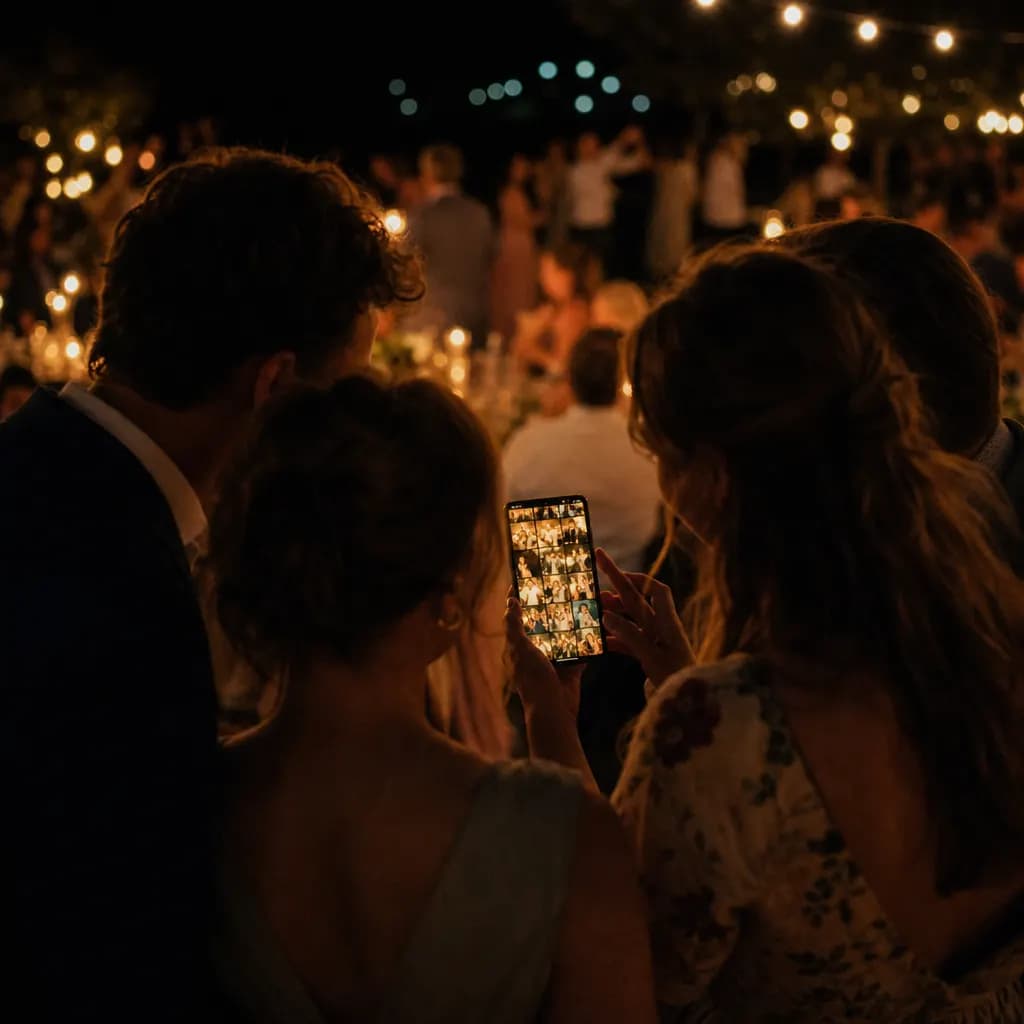 Mehrere Gäste schauen auf einer Feier gemeinsam auf ein Smartphone, auf dem eine bunte Live-Fotogalerie leuchtet, im Hintergrund feiern weitere Gäste im warmen Lichterketten-Licht. (KI-generiertes Bild)