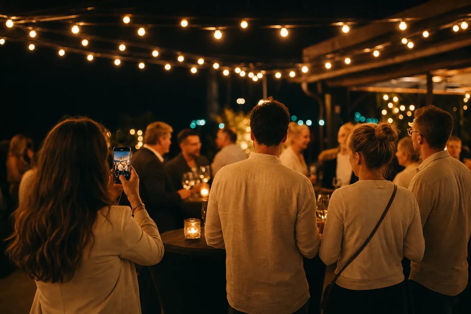 Elegante Firmen-Sommerfeier in der Abenddämmerung: Kolleginnen und Kollegen feiern an Stehtischen, eine Person fotografiert dezent mit dem Smartphone, warmes Bistrolicht vor dunklem Grund.