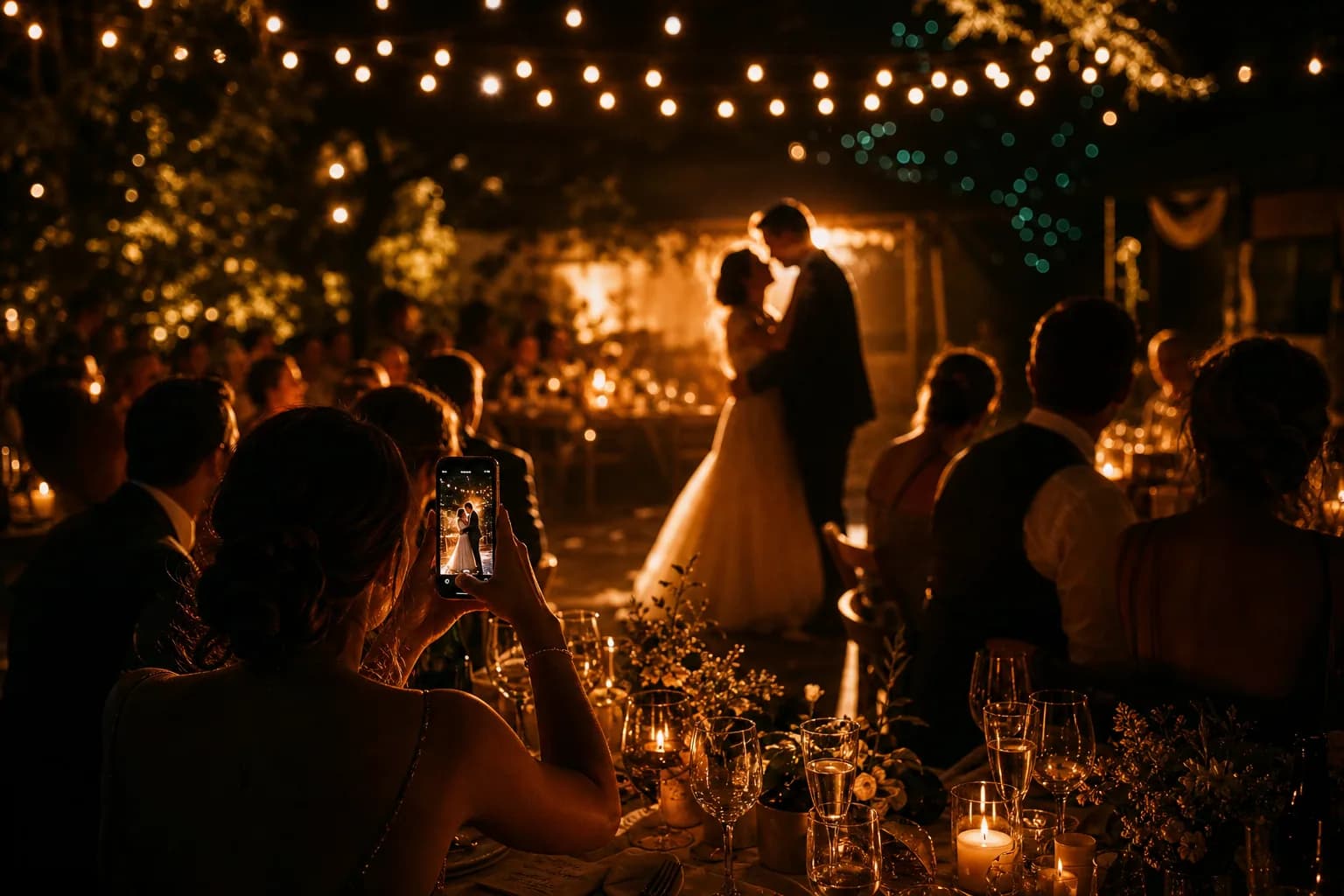 Abendliche Hochzeitsfeier: ein Gast fotografiert das tanzende Brautpaar mit dem Smartphone, feiernde Gäste und warmes Kerzen- und Lichterketten-Bokeh vor dunklem Hintergrund.