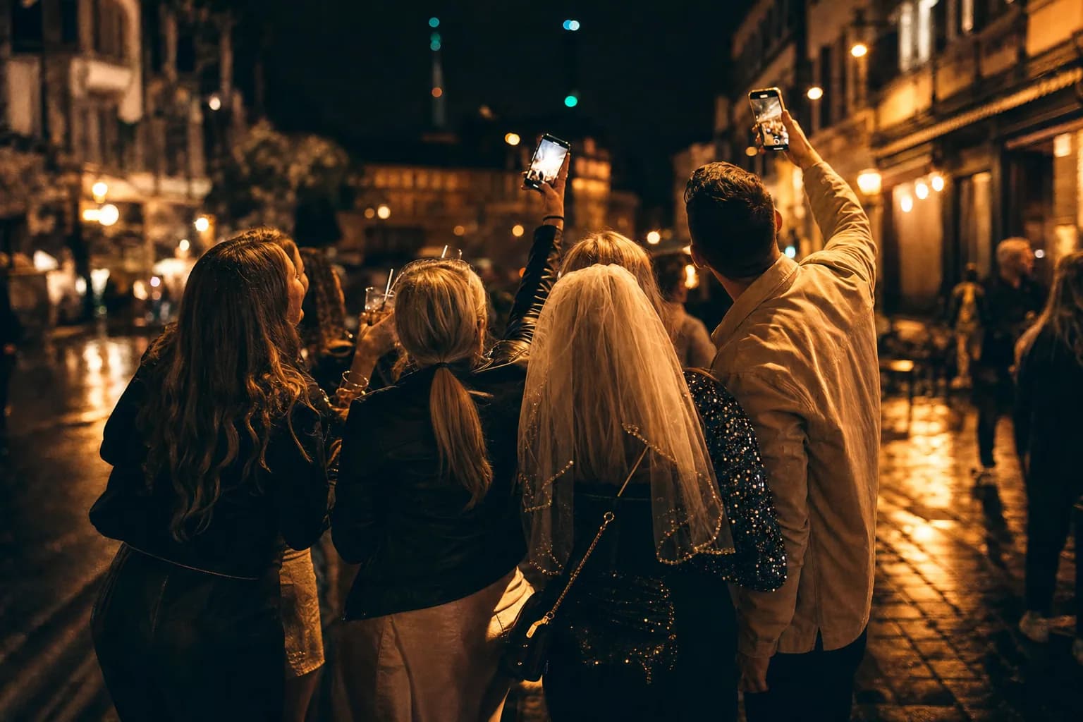 Feiernde Freundes-Crew nachts in der Stadt von hinten, mehrere halten Smartphones für ein Gruppen-Selfie hoch, warmes Straßen- und Screen-Licht vor dunklem Grund.