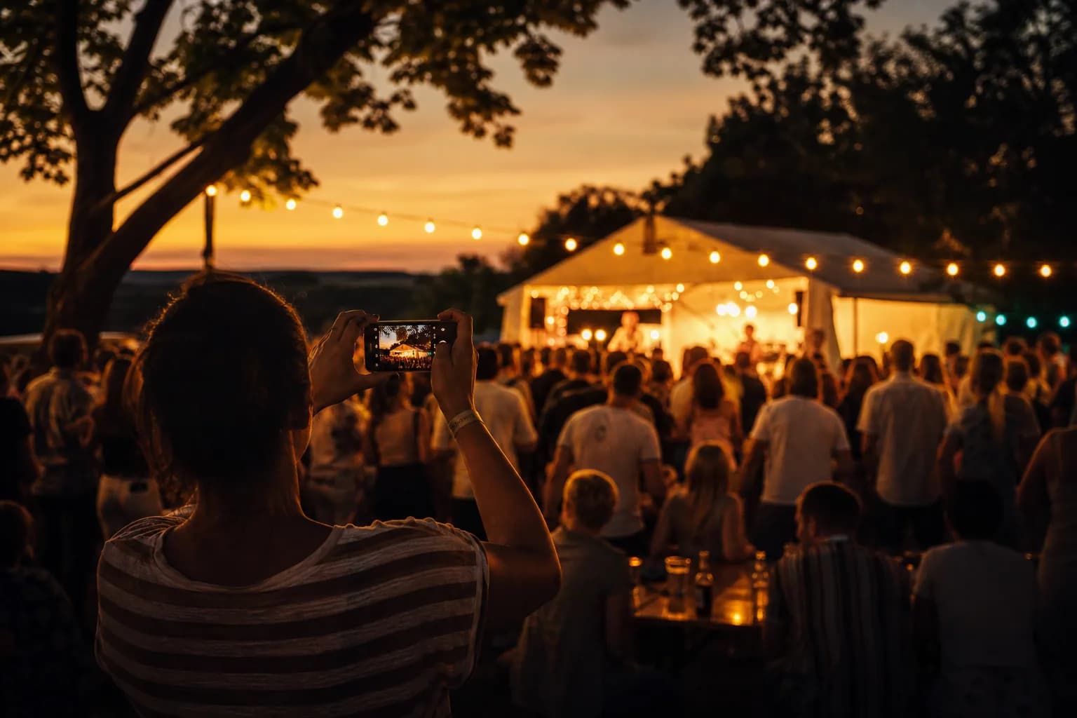Sommerliches Vereinsfest in der goldenen Stunde: Festzelt und Bühne, eine feiernde Menschenmenge von hinten, jemand fotografiert die Bühne mit dem Smartphone, warmes Licht vor ruhigem Grund.
